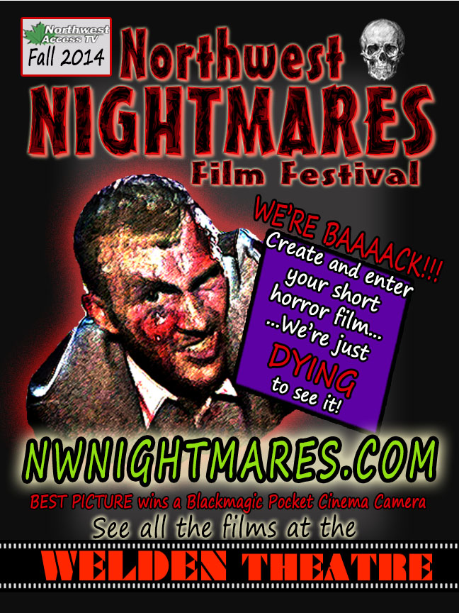 Northwest Nightmares Film Festival. A blood-spattered man grins disarmingly at the viewer. Screening October 27th at the Welden Theater in St. Albans, VT.